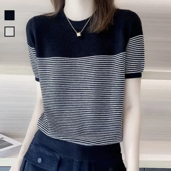 【全2色】Ｔシャツラウンドネック半袖配色ボーダー｜ファン急増中