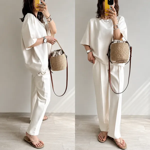 今だけ!期間限定【2点SET】マストバイ！体型カバー ゆる感Tシャツ+ ハイウエストパンツ 美脚見えセットアップ