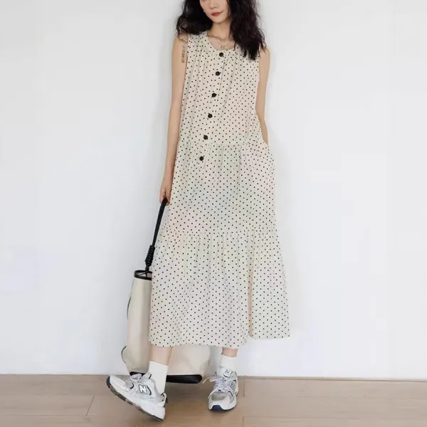 ドット柄 ワンピース ノースリーブ レディース 夏 きれいめ ロング Aライン ティアード ゆったり 体型カバー 大人可愛い 清楚 涼しい リゾート 旅行 海 2026新作