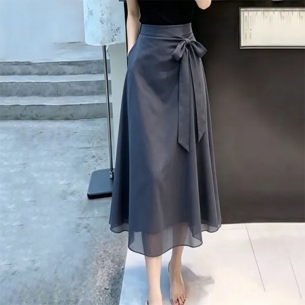 スカートシフォン無地リボンAライン｜着痩せ大人可愛い