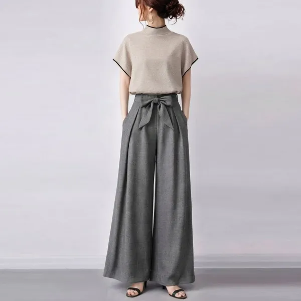 セットアップ毎日参考になる！ロング丈無地フレンチスリーブ配色半袖カジュアルトップス+パンツ
