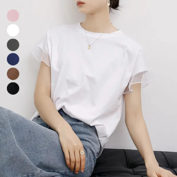 フリル ブラウス チュール 切替 Tシャツ レディース トップス 半袖 クルーネック 綿100％ コットン 異素材 華奢見え 着痩せ きれいめ 上品 フェミニン 大人可愛い カジュアル 春夏 6色展开
