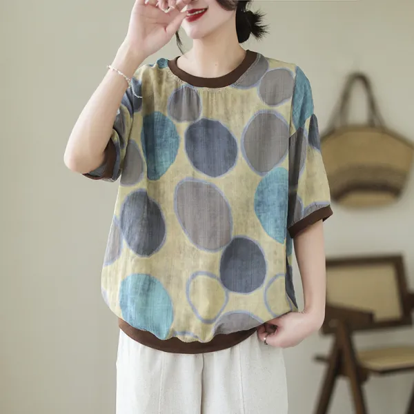 Tシャツ レディース 半袖 トップス 綿麻 リネン 花柄 プリント ゆったり 体型カバー 着痩せ きれいめ 上品 涼しい 蒸れない カジュアル 40代 50代 夏物