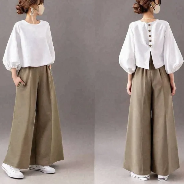 【2点SET】新商品 無地 ボタン ランタンスリーブ スリット 七分袖 ファッション パンツセット