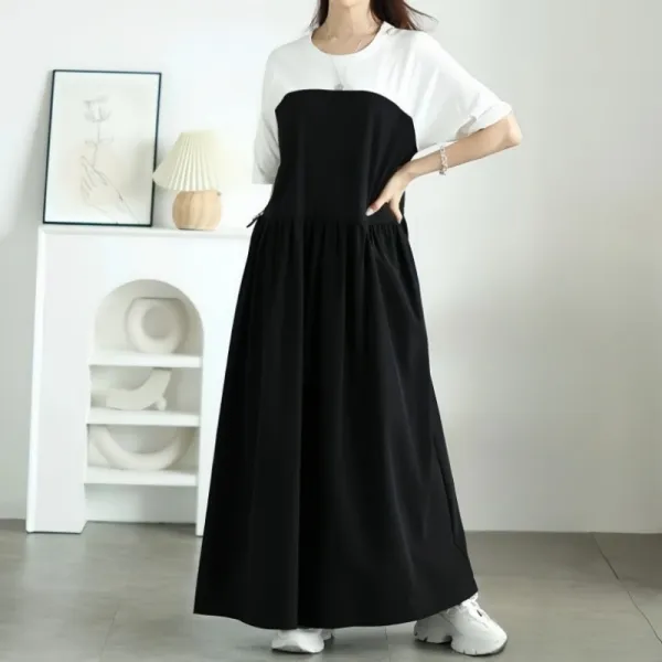 シンプル  ワンピース  切り替え  半袖  夏服  普通  フェイクレイヤード  新作  日本風  レディース  ミディ丈 / ミディアム丈  バイカラー