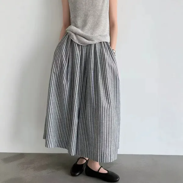 ストライプ  ストライプ柄  カジュアル  ベージュ  カジュアルパンツ  コットン  ハイウエスト  夏服  綿麻  新作  レトロ  韓国風  レディース