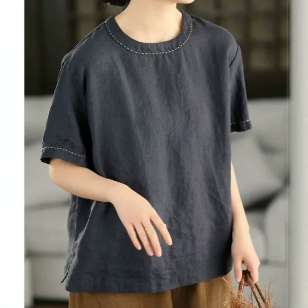 Tシャツ  ベージュ  コットン  半袖  スリムに見える  クルーネック  プルオーバー  夏服  綿麻  新作