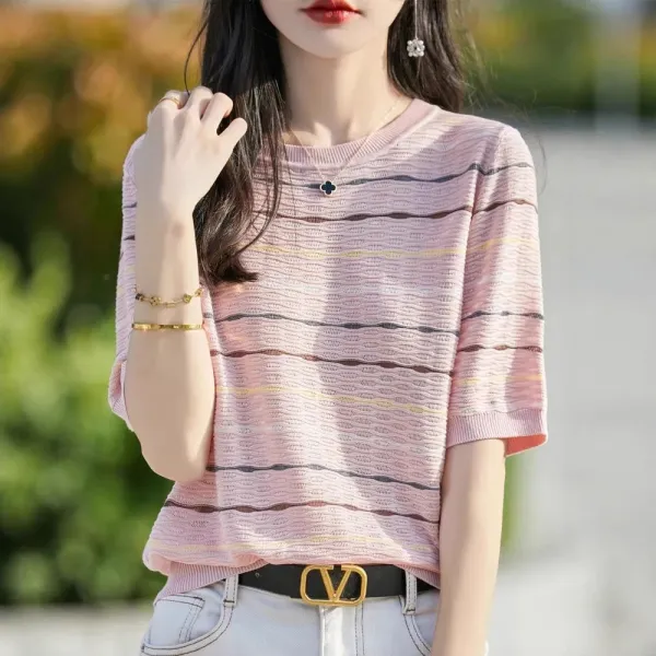 透かし彫り  ストライプ柄  カラーブロック  半袖  どんなスタイルにも合う  ゆったり  クルーネック  夏服  薄  ジャカード  新作  レディース