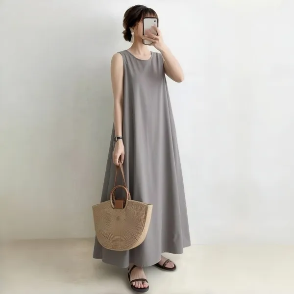 ワンピース  ノースリーブ  ゆったり  クルーネック  夏服  なし  つりスカート  新作  日本風  レディース