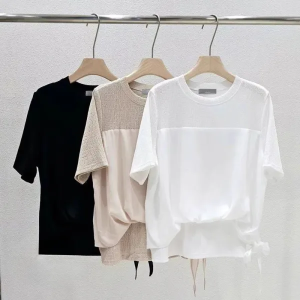 【全3色】シャツ体型をカバーリボン結び無地ラウンドネック | 売れ筋