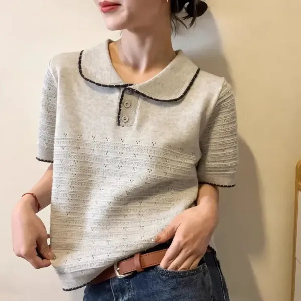 【全2色】ポロシャツニット半袖無地POLOネック｜着痩せ可愛い
