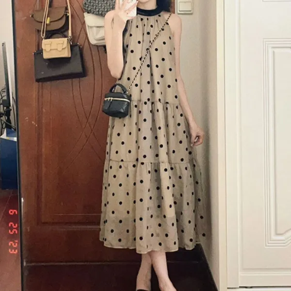美シルエットの涼やか ドット柄 ローマ系 ノースリーブ ホルターネック ロング Aライン カジュアル ワンピース