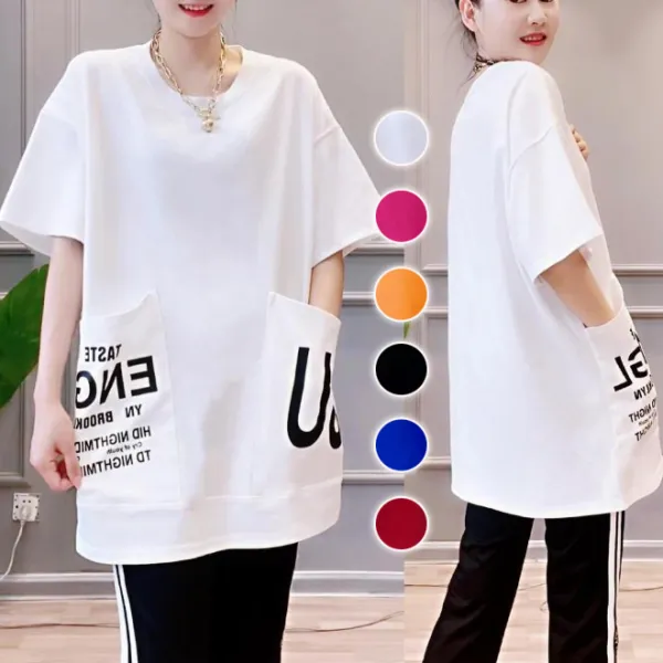 【全6色】Tシャツ中長半袖アルファベットポケット付き｜体型カバー