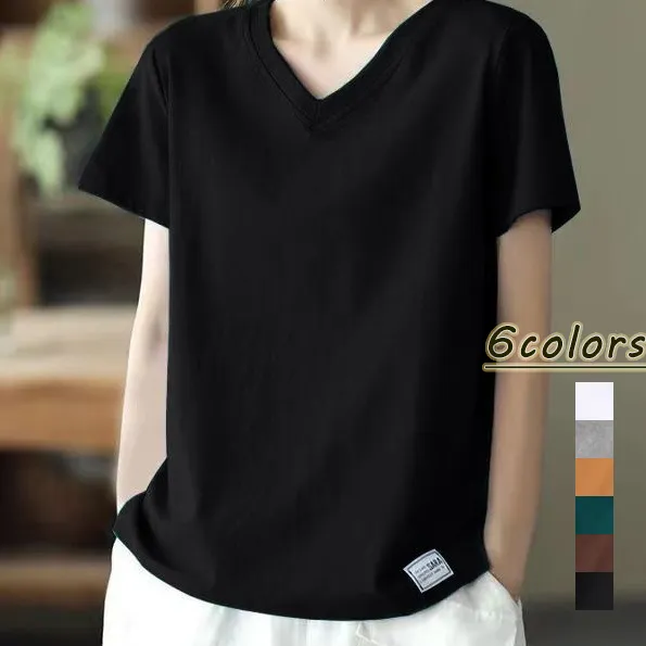 女性に大人気半袖Vネック柔軟加工接触冷感無地Tシャツブラック黒ホワイト白グレーブルー青レッドグリーンネイビーイエロー