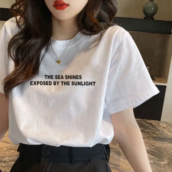 雑誌に掲載された プルオーバー プリント ラウンドネック 中長 半袖 韓国系 Tシャツ