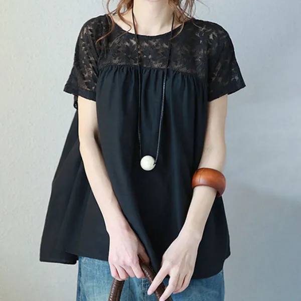 【再入荷＆激安販売中！】【S-5XL】な可愛さレース切り替えラウンドネック半袖Tシャツ