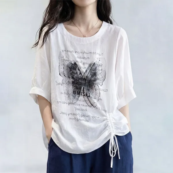 トレンドを先取り♪ プリント ギャザー 蝶 半袖 ノーマルスリーブ カジュアル Tシャツ