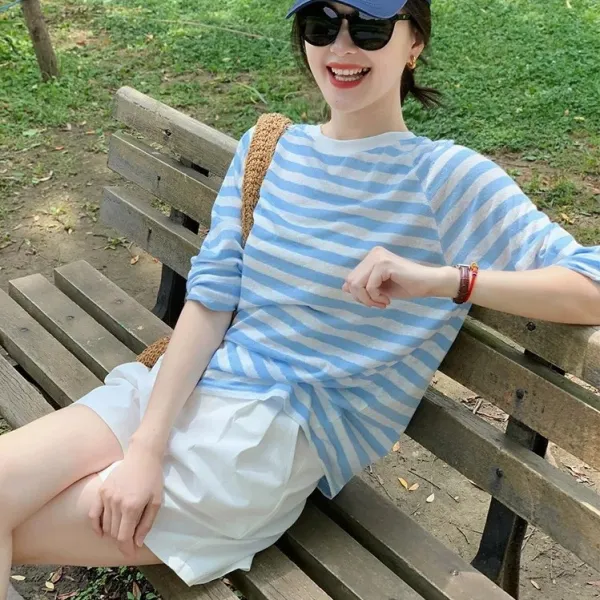 Tシャツ  ストライプ柄  長袖  クルーネック  レイジー風  春  インナー    レディース  バイカラー