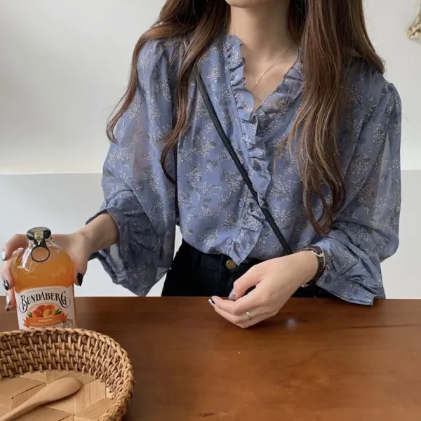美人度アップ  ファッション Vネック パフスリーブ プリント プルオーバー 春秋 シフォンシャツ