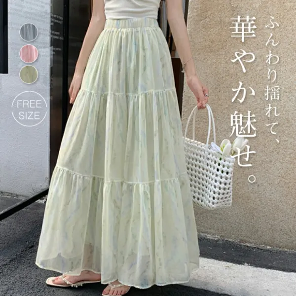 スカート ロングスカート ロング レディース ボトムス マキシ ウエストゴム Aライン プリント フレアスカート 体型カバー 大きいサイズ ゆったり 花柄 春 夏 リゾート シンプル カジュアル フェミニン 高見え シフォン 揺れ感 レトロ エレガント 20代 30代 40代