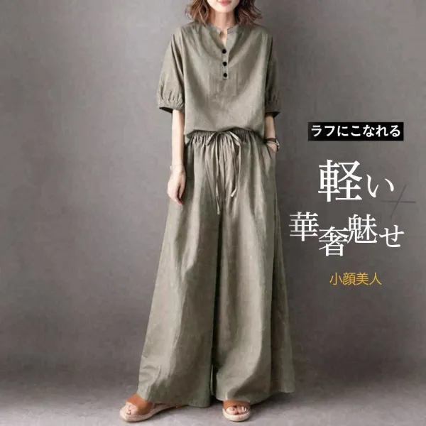 おしゃれ度アップファッションVネック五分袖Ｔシャツガウチョパンツボウタイ無地2点セット