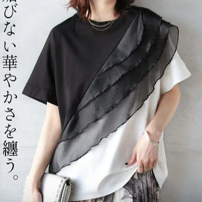 綿100％ オーガンジー切替 グラデーション半袖Tシャツ レディース ゆったり 高見え 体型カバー 大人カジュアル 春夏