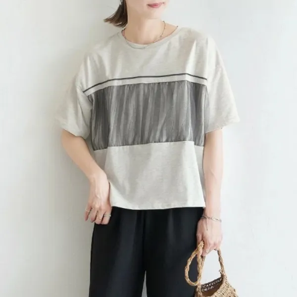 立体ステッチ×チュール切替 コットン半袖Tシャツ レディース 通気性抜群 ゆったり 上品 カジュアル 春夏トップス