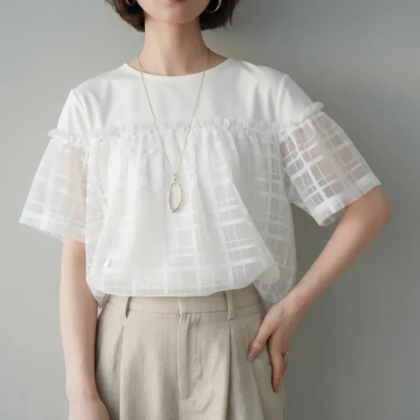 パール付きラウンドネック レース×チェック柄切替Tシャツ レディース 大人可愛い 上品 フェミニン 半袖トップス 春夏