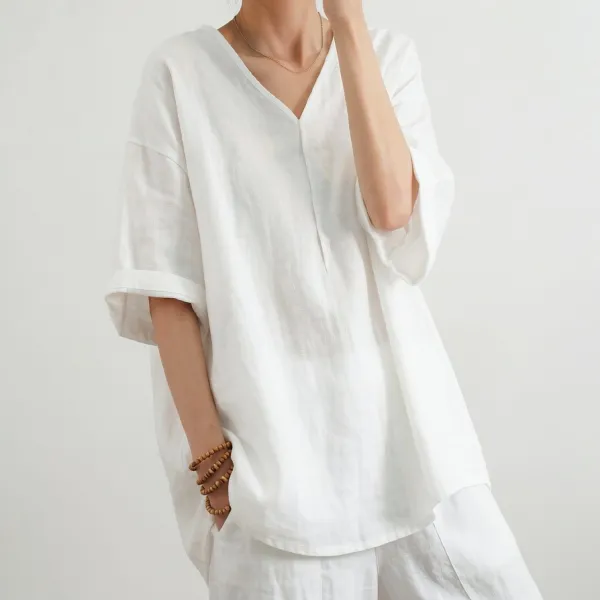 【綿麻素材】5カラー無地半袖VネックプルオーバーTシャツ