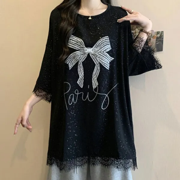 チュニックトップス Tシャツ レディース 半袖tシャツ レース切り替え 半袖 ロングT 七分袖 リボンプリント 英文字 オーバーサイズ トップス  無地  ゆったり 着痩せ きれいめ オシャレ お尻隠れる 