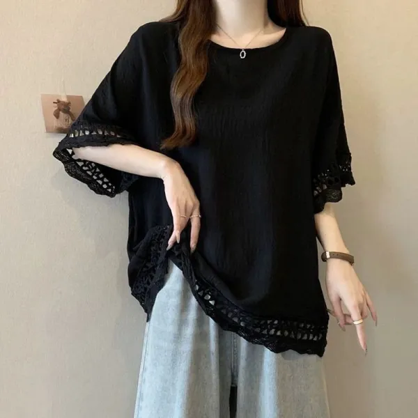 【全2色】Tシャツレースラウンドネック無地半袖切り替え | トレンドを先取り♪