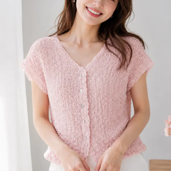 半袖 カーディガン　Vネック シフォン素材　ゆったりシルエット　体型カバー 着痩せ効果　高見えする こだわりデザイン　フレンチスタイル