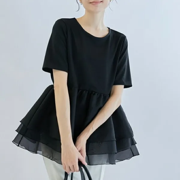ペプラムTシャツ ふんわりプルオーバー ドッキングトップス 半袖 シアーオーガンジー 異素材切り替え  体型カバー 二の腕カバー レディース ブラウス トップス Tシャツ Tブラウス  キレイめ  春