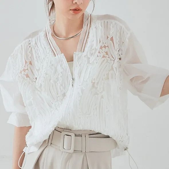 高級刺繍レースシアーブルゾン UVカット 冷房対策トップス
