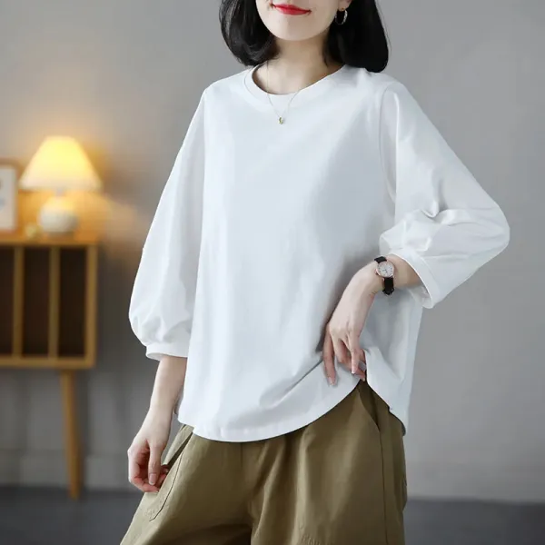 Tシャツ  無地  ランタンスリーブ      どんなスタイルにも合う  服  7分  文芸  春  新作  レトロ  レディース