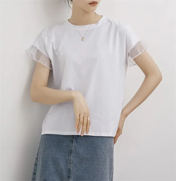 フリル ブラウス チュール 切替 Tシャツ レディース トップス 半袖 クルーネック 綿100％ コットン 異素材 華奢見え 着痩せ きれいめ  フェミニン 可愛い  春夏 6色展开