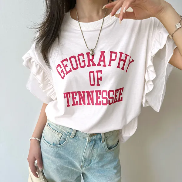 Tシャツ  切り替え  プリント  アルファベット  ホワイト  半袖  クルーネック  フリル  服  新作   / ファッション