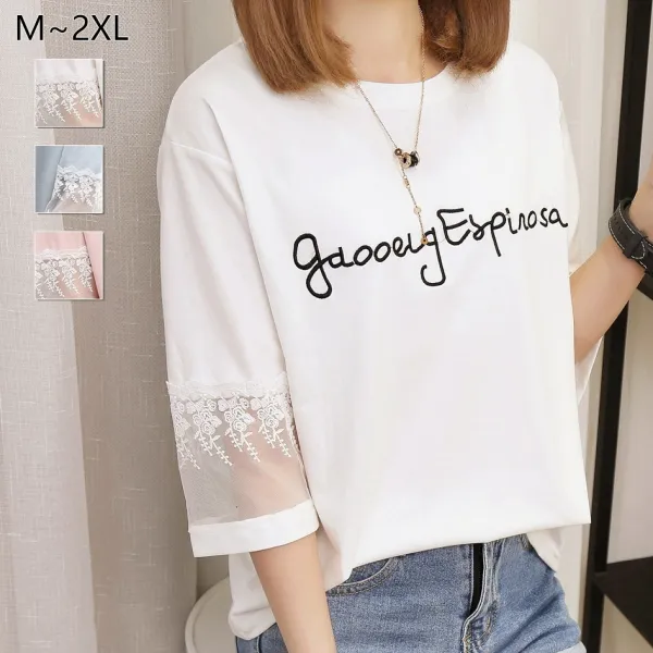 可愛いデザイン着痩せ効果アルファベットラウンドネックTシャツホワイト白ブルー青