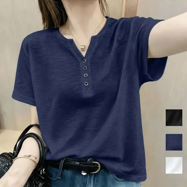 【全3色】TシャツVネックボタン半袖デイリー | 可愛いデザイン