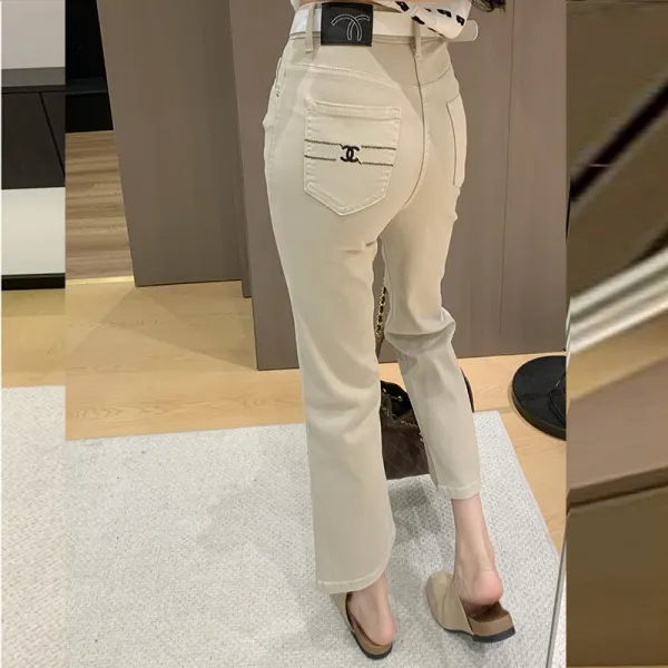 カーキ 九分丈テーパードデニムパンツ レディース