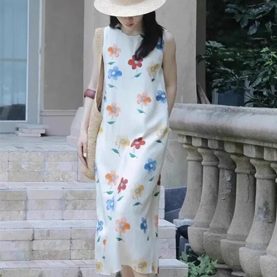 ワンピース レディース ロング ワンピース タンクワンピース 綿麻調 コットンリネン ノースリーブ ロング ワンピ 体型カバー 花柄 ゆったり シンプル ロングワンピ クルーネック かわいい 春 夏 大きいサイズ カジュアル 20代 30代 40代 50代 おしゃれ 可愛い 送料無料