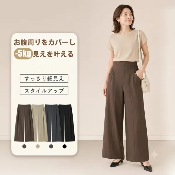 「身長151cm以上向け」レディースウエストゴム仕様落ち感素材美脚見えカジュアルなワイドパンツ