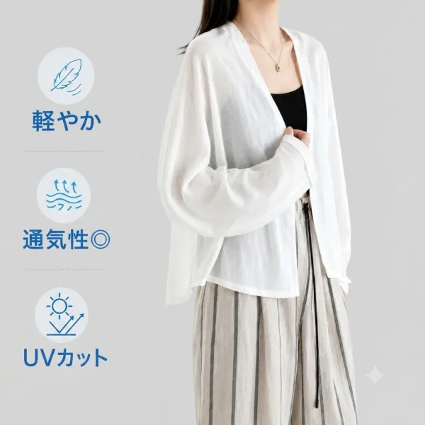 上品な印象のリネンノーボタンカーディガン