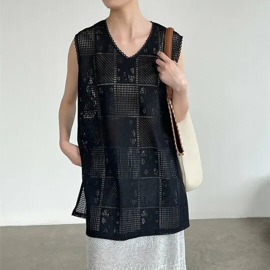 タンクトップ ワンピース 透かし彫り チュニック レディース ロングジレ ベスト ノースリーブ ワンピース レース スリット Vネック 重ね着 レイヤード タンクワンピース きれいめ 森ガール 大人可愛い シンプル ゆったり 着回し 通勤 20代 30代 40代 50代