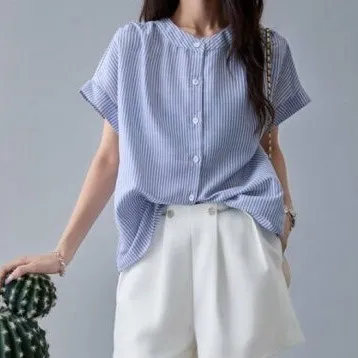 シャツ フレンチスリーブ ブラウス レディース 夏 シャツブラウス 半袖 綿麻風 ストライプ トップス カジュアル ゆったり 体型カバー 通勤 OL カジュアル 着痩せ お洒落 ビジネス 通学 大きいサイズ ベーシック 春服 20代 30代 40代 50代 60代 M L XL 送料無料