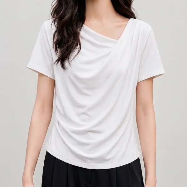 高級感溢れるドレープネックすっきり見え半袖Tシャツ