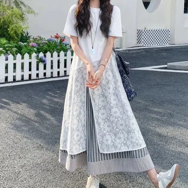カジュアルワンピースレース無地切り替え｜上品さたっぷり