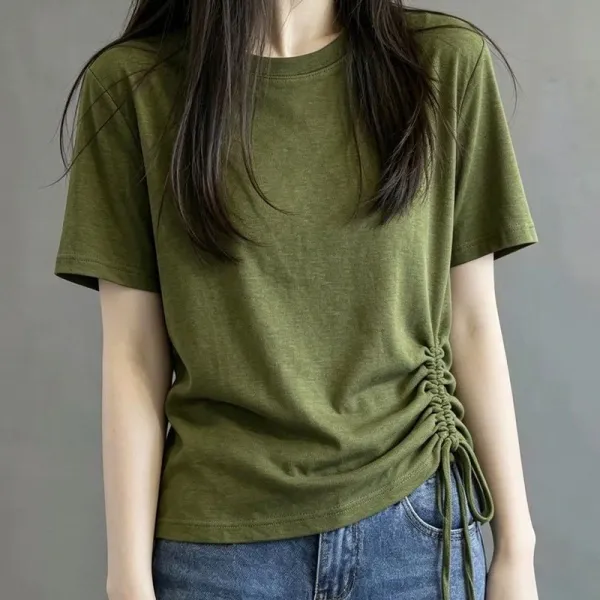 【全3色】Tシャツ無地ギャザー半袖ラウンドネック | トレンドアイテム