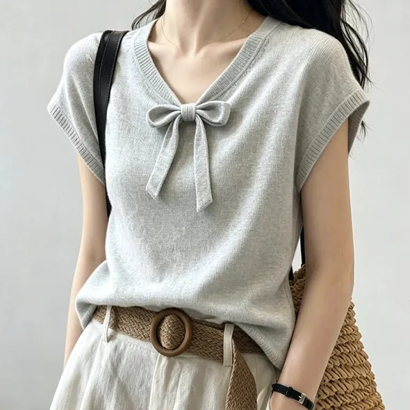 Ｔシャツニット半袖 リボン結び プルオーバー | 大人可愛い
