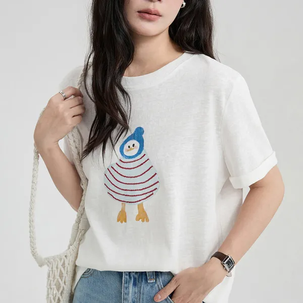 ゆったり  半袖  クルーネック  刺繍  Tシャツ  ブラウス  夏
